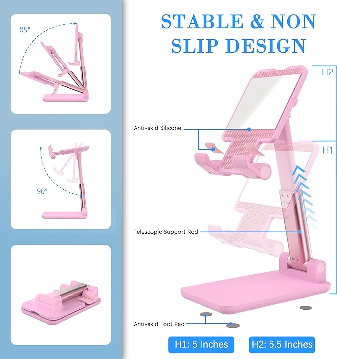 Cell Phone Stand, Adjustable Angle and Height Cell Phone Holder for Desk, Foldable and Portable, Anti-Slip Silicone Pad, Compatible with All Mobile Phones and 4-8 Inch Devices (Black&White&Pink)