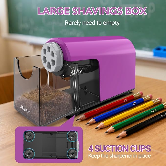 AFMAT Electric Pencil Sharpener for Classroom, 6 Holes, Cordless & Rechargeable, Fast Sharpen, Auto Stop, 10K+ Uses, Heavy Duty Pencil Sharpener for 6-11mm No.2/Large/Colored Pencils PSD2(Purple)