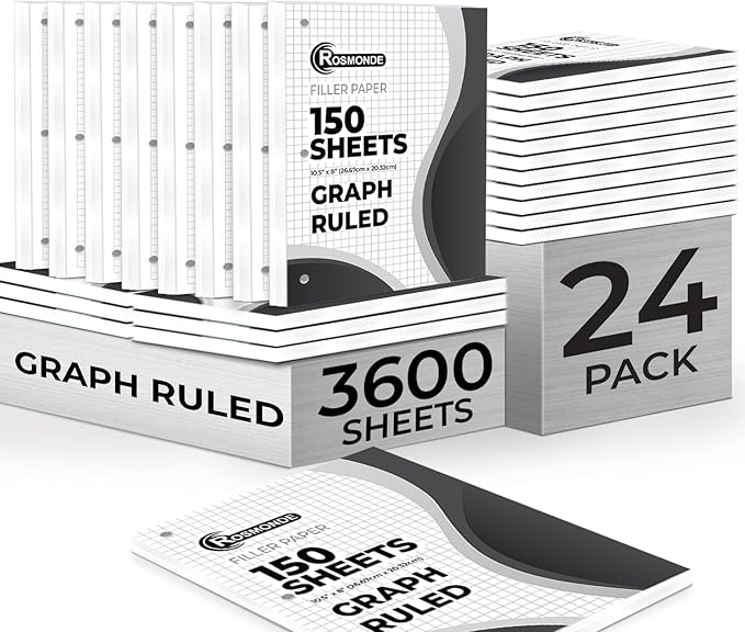 Rosmonde Loose Leaf Paper Bulk, 3600 Sheets, 24 Pack, Graph Ruled Sheets, 8 x 10.5", 150 Sheets/Pack, 3 Hole Punch, Bulk Graph Paper, Quad Ruled, Fits Standard Binders, Fights Ink Bleed, White