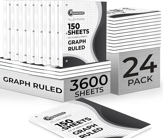 Rosmonde Loose Leaf Paper Bulk, 3600 Sheets, 24 Pack, Graph Ruled Sheets, 8 x 10.5", 150 Sheets/Pack, 3 Hole Punch, Bulk Graph Paper, Quad Ruled, Fits Standard Binders, Fights Ink Bleed, White