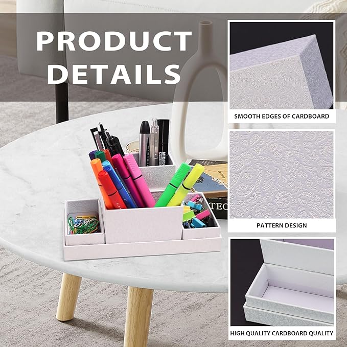 Desk Organizer,Office Desk Accessories,Paperboard Desktop Organizer with Pen Pencil Holder and Sticky Note Tray,Paperclip Storage, White
