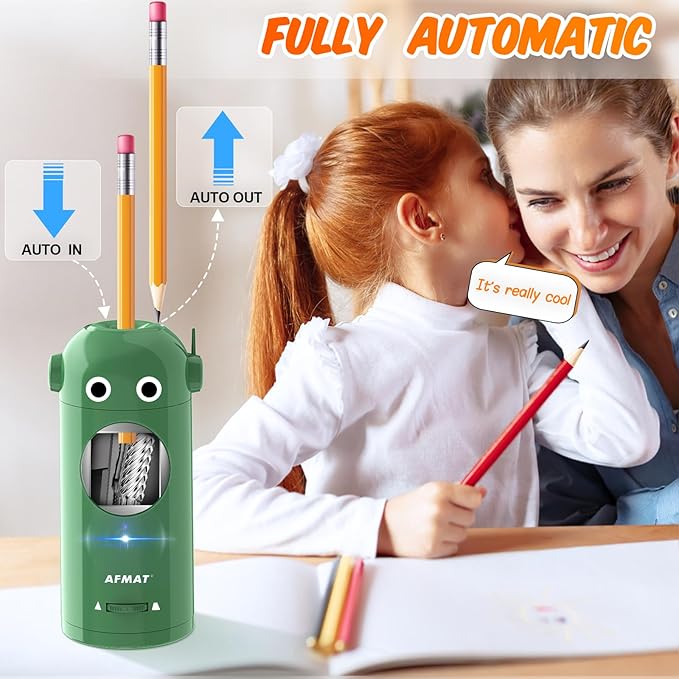 AFMAT Electric Pencil Sharpener for Colored Pencils 7-11.5mm, Fully Automatic Robot Pencil Sharpener, Auto in & Out, Rechargeable Hands-Free for Classroom/Home/Office, Battery Operated, PSX5RB, Green