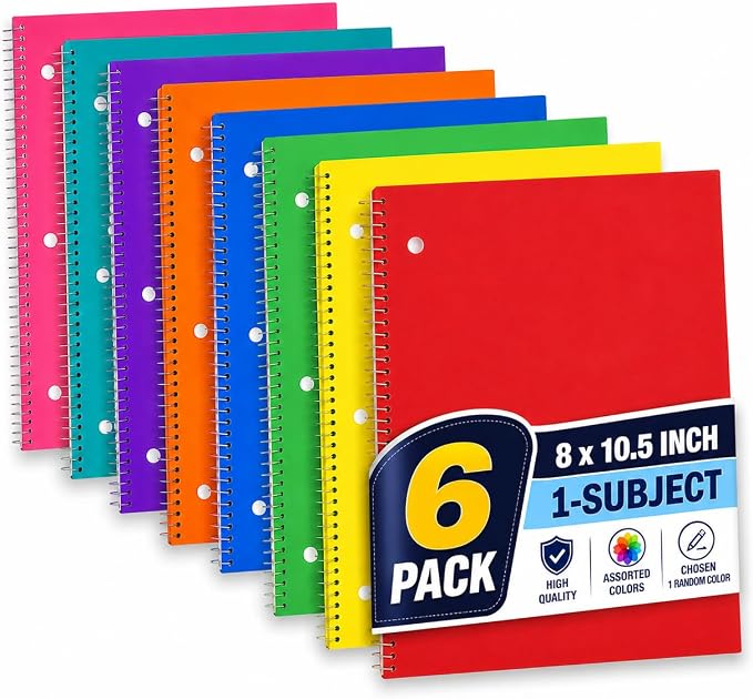 1InTheOffice Spiral Notebook College Ruled, 1-Subject Notebooks, Wirebound Spiral Notebook 8" x 10.5", 70 Sheets, Assorted Colors (6 Pack)