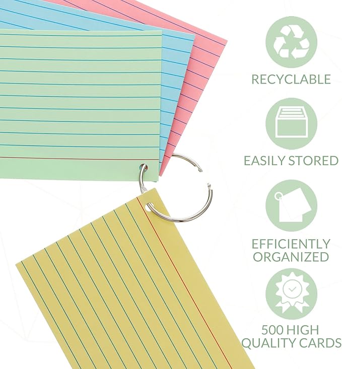 Yexiya 500 Pcs Index Cards with Rings Study Supplies Punched Lined Flash Cards with Holes Ruled Single Hole Notes and Metal Rings for Adults Office(3 x 5 Inch,Pastel Color)