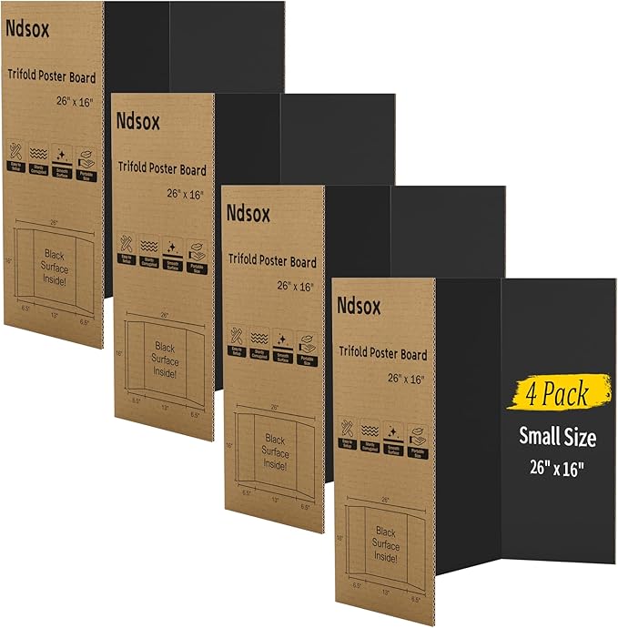 Ndsox 4 Pack 26" x 16" Black Trifold Poster Board Small Size Corrugated Cardboard Science Fair Display Boards for School Projects, Business Presentations, Event Displays, and Art Exhibitions