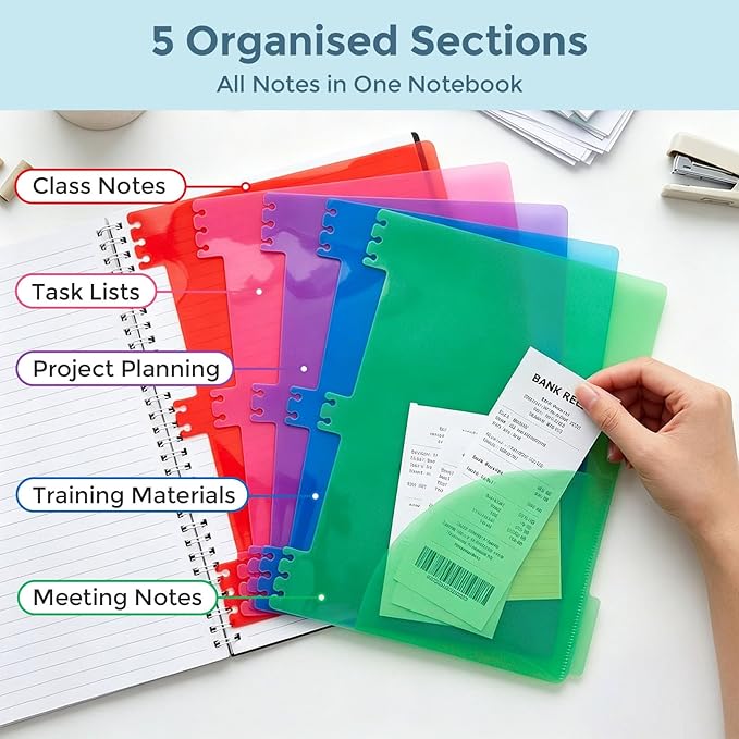 Subject Notebook Wide Ruled, 8.5x11inch Hardcover 5 Subject Lined Spiral Notebook with Dividers Tabs for School Note Taking Office Journal, 220 Pages, Black