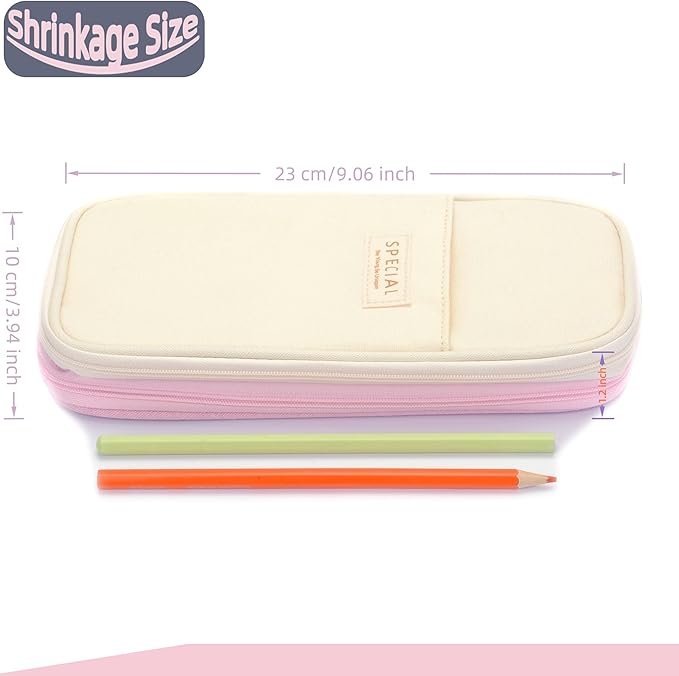 Large Capacity Big Special Cute Aesthetic Preppy Canvas Pencil Case Organizer Holder Pouch Bag with Zipper Compartments, Pen Cases for Women Girls School Adults (Beige/pink)