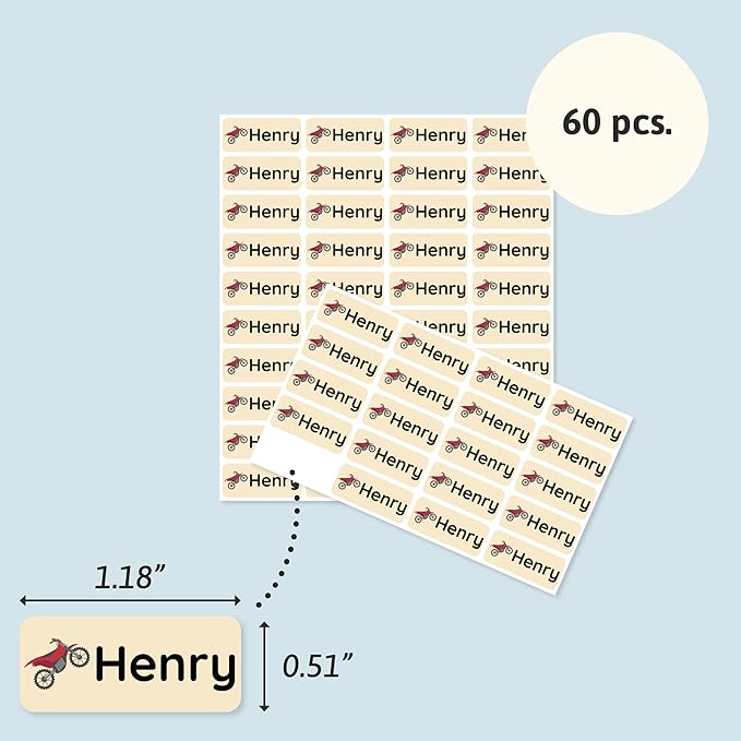 Personalized Name Labels for Kids (60) – Custom Waterproof & Durable Stickers for Clothing, Daycare, Office & School Supplies - Motor