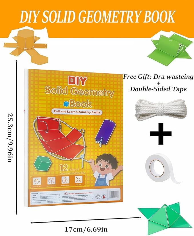 Pull String 3D Geometry Learning Book - Fun Volume & Surface Area Formula Teaching Tool with Braided Rope Design (12-Model Version)