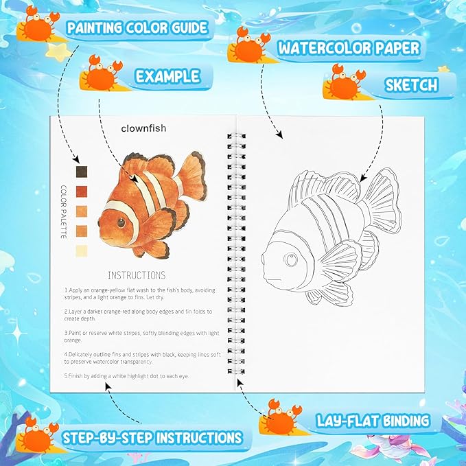 Watercolor Workbook, 24 Colors Solid Paint Set, Ocean Flower Themed DIY Patterns, Anti-Bleed Paper, Beginner Friendly Art Kit For Adults (Ocean+Flower（24 Colors）)