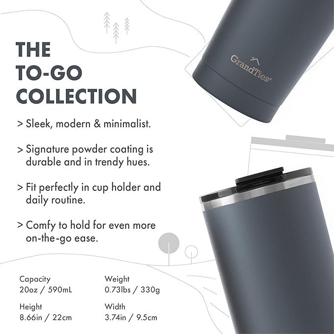 GRANDTIES Insulated Coffee Tumbler Cup w/Tritan Lid | Leak Proof, Reusable, Double Walled Vacuum Stainless Steel Water Bottle Travel Mug | Thermal Cups for Hot and Cold Drinks | 20oz | Stone Gray