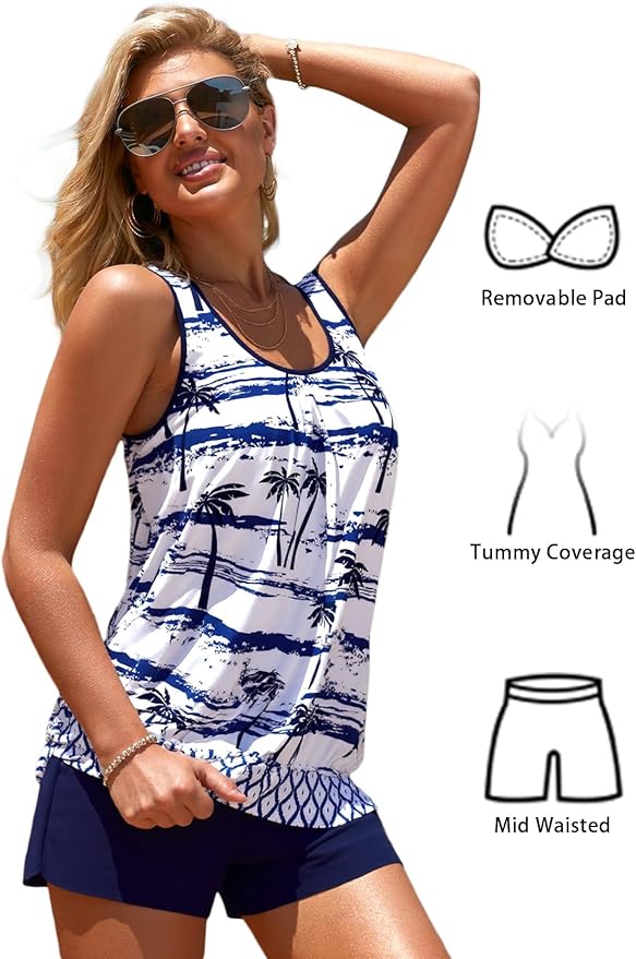 Modlily Modest Two Piece Tankini Swimsuits, Tropical Plants Print Bathing Suits, Casual Tank Top with Board Shorts