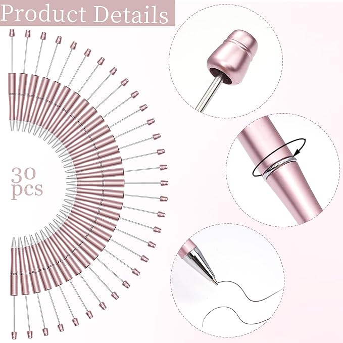 jiebor 30Pcs Beadable Pens Plastic Bead Ballpoint DIY Cute Cool Pens Black Ink for Women Men Bridal Graduation Gift Office Supplies Rose Gold