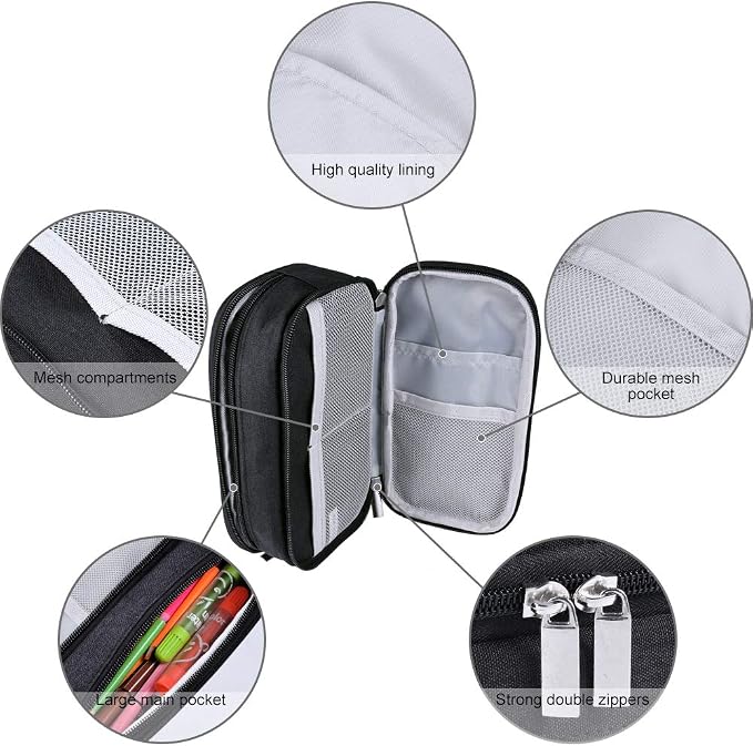 Chelory Big Pencil Case Large Capacity Pencil Bag Pouch 3 Multi Comparments High Storage Pen Holder Marker Holder Portable Office Stationery Organizer Supplies Makeup Cosmetic Bag Men Women (Black)