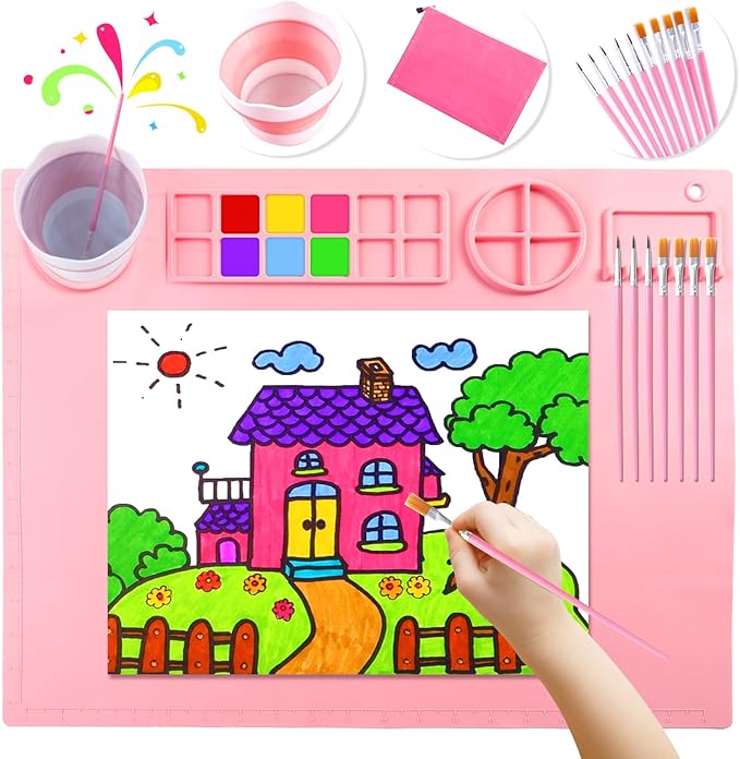 DIYDEC Silicone Craft Mat with Detachable Cup 20X16 Inch Large Silicone Painting Mat for Kids Art Supplies with 10 Painting Brushes Drawing Sheets for Adult DIY Accessories (Pink)