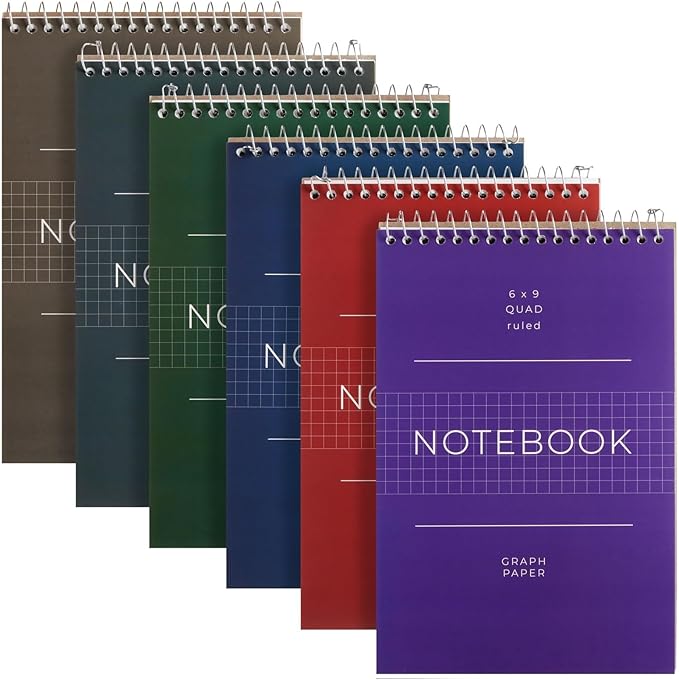 Juvale 6 Pack Quad Ruled 6x9 Inch Top Bound Spiral Graph Paper Notebook - 80 Sheets / 160 Writable Page Steno Notepads for Writing, Sketching, Drawing, School Supplies (6 Colors)