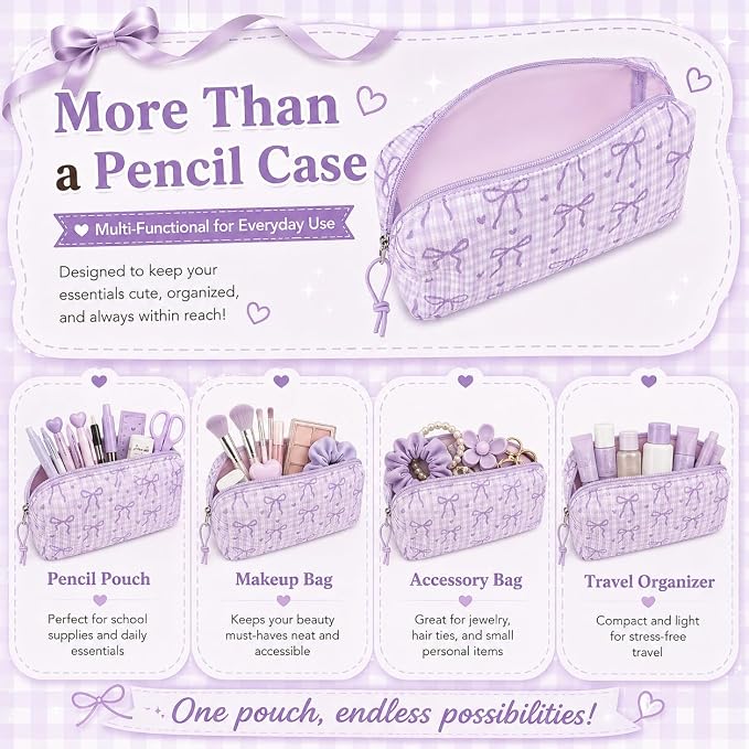 LEDAOU Cute Pencil Case for Kids Girls Boys Pencil Pouch kawaii Pen Pencil Box Bag Holder for School Students (Corduroy -Bow Purple)