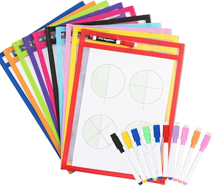 Dry Erase Pockets, 10 Pack Oversized 10 x 14 Reusable Sleeves for 8.5 x 11 Worksheets, Heavy Duty Clear Dry Erase Sheet Protectors with 10 Markers, Grommet & Loop for Classroom, Homeschool & Office
