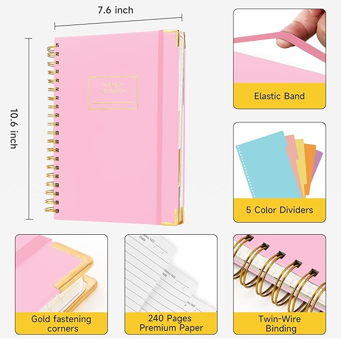 Huhuhero 5 Subject Notebook with Dividers, 240 Pages Pink Spiral Journal College Ruled, B5 Aesthetic Writing Journals for Women, Hardcover Notebooks for Work Note Taking, College Essentials