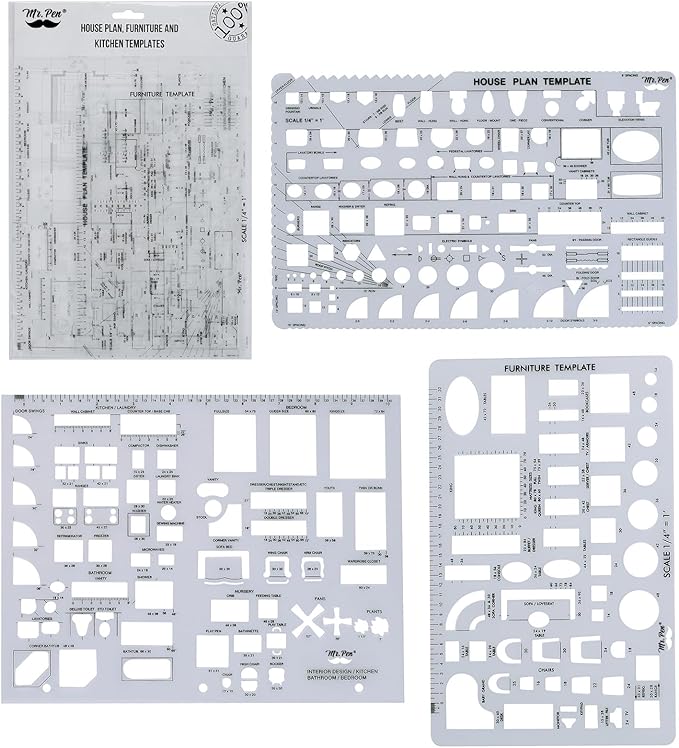 Mr. Pen- House Plan, 3 pcs, Interior Design and Furniture Templates, Clear Flexible Plastic, Drafting Tools, Ruler Shapes for Architecture, 1/4 Inch Scale, Kitchen, Bath, Bedroom, Office, Living Room