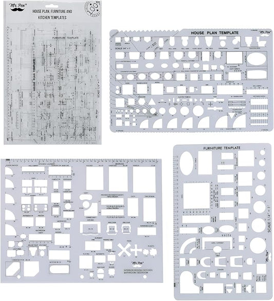 Mr. Pen- House Plan, 3 pcs, Interior Design and Furniture Templates, Clear Flexible Plastic, Drafting Tools, Ruler Shapes for Architecture, 1/4 Inch Scale, Kitchen, Bath, Bedroom, Office, Living Room