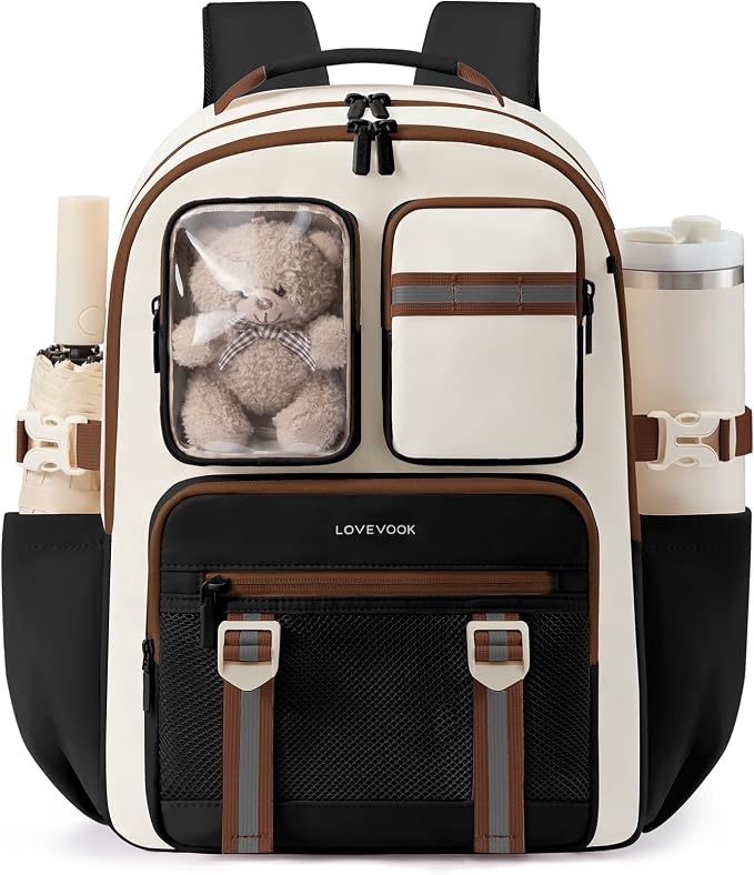 LOVEVOOK Cute School Backpack for Girls Ages 8-14, Bookbag with Plush Bear & Clear Display Pocket, Fits 15.6 Inch Laptop & 40oz Tumbler, Back to School Backpack for Elementary & Middle School