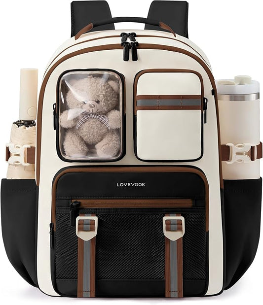 LOVEVOOK Cute School Backpack for Girls Ages 8-14, Bookbag with Plush Bear & Clear Display Pocket, Fits 15.6 Inch Laptop & 40oz Tumbler, Back to School Backpack for Elementary & Middle School