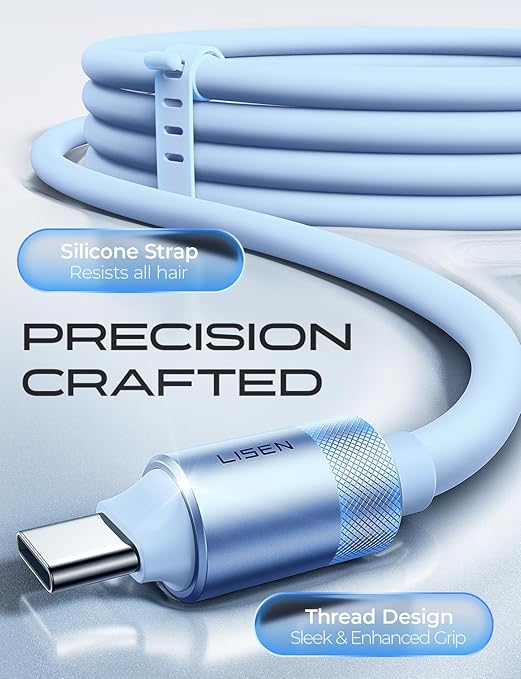 LISEN 10FT USB C Cable Fast Charging, Chubby 240W Cable USB C to USB C Fast Charging Soft Silicone USBC to USBC Parallel Cable for iPhone 17 Pro Max 16 15 Samsung S25 Ultra MacBook Pro Air iPad Blue