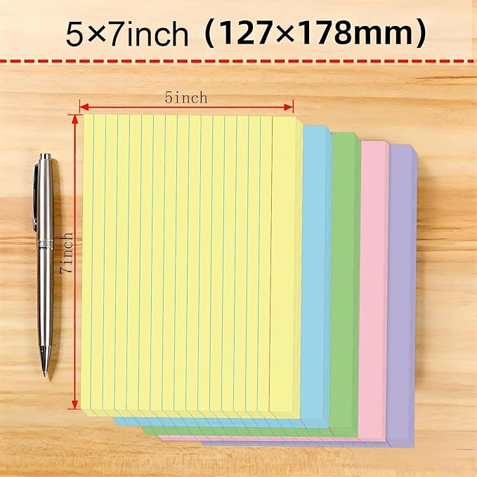 Colored Index Cards 5x7 Inch - 50 Pack Ruled Flash Cards for Students, Office & Home, Durable Study Note Cards with Lines