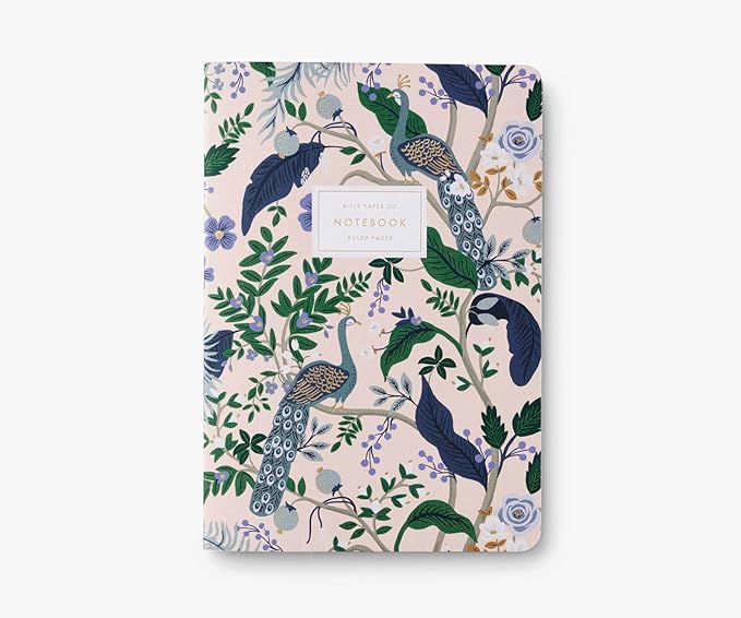 RIFLE PAPER CO. Peacock Stitched Notebook Set, Assorted Set Of 3 Colorful Notebooks, 64 Ruled Pages With Gold Ink, Full Color Canvas Cover With White Text Paper Interior (6" W × 8.5" L)