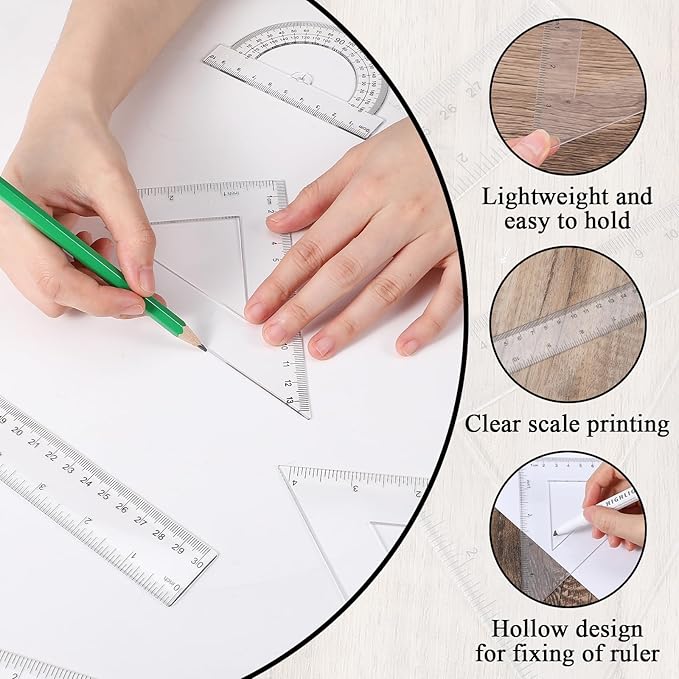 6PCS Clear Plastic Ruler Math Set, Math Geometry Tool Plastic Ruler Set, Includes 6 Inch and 12 Inch Straight Rulers, 30/60 and 45/90 Triangle Rulers, Protractor for School, Office, Home
