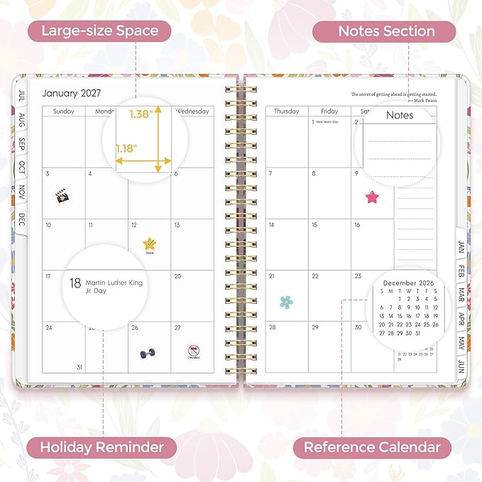 KONVINIT Academic Planner 2026-2027, 12 Months 2026-2027 Monthly Planner - July. 2026 to June. 2027, Daily Planner 2026 with Tabs for Student & Teacher, A5 (6.1" x 8.5") Week Planner for Home, Office, School Supplies, Tiny Floral Print