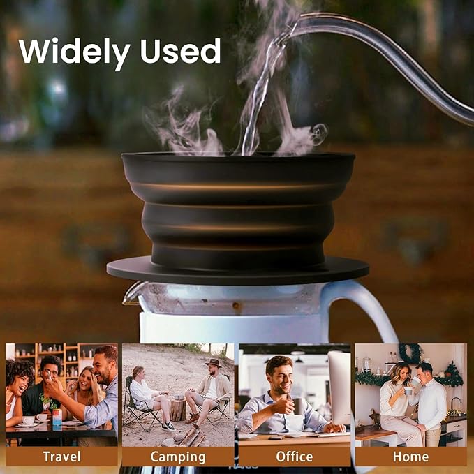 Paperless Collapsible Pour Over Coffee Dripper, Travel Pour Over Coffee Maker Camping with Reusable Metal Filter, Silicone Collapsible coffee filter, Single Cup Coffee Strainer Pour Over Black