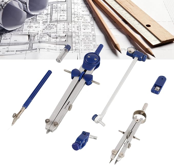 Math Geometry Kit, Metal Compass Tool Zinc Alloy Compass and Ruler Geometry Set Drawing Compass Drafting Compass with Shatterproof Storage Box for Office School Art Drawing