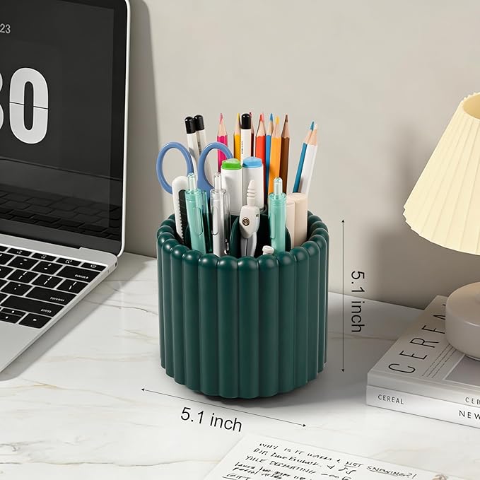 Anyoifax 360° Rotating Pen Holder 7 Slots Desk Organizer Removable Pencil Cup Plastic Art Supplies and Accessories Desktop Storage Box Caddy for Office, School, Home (Teal Green)