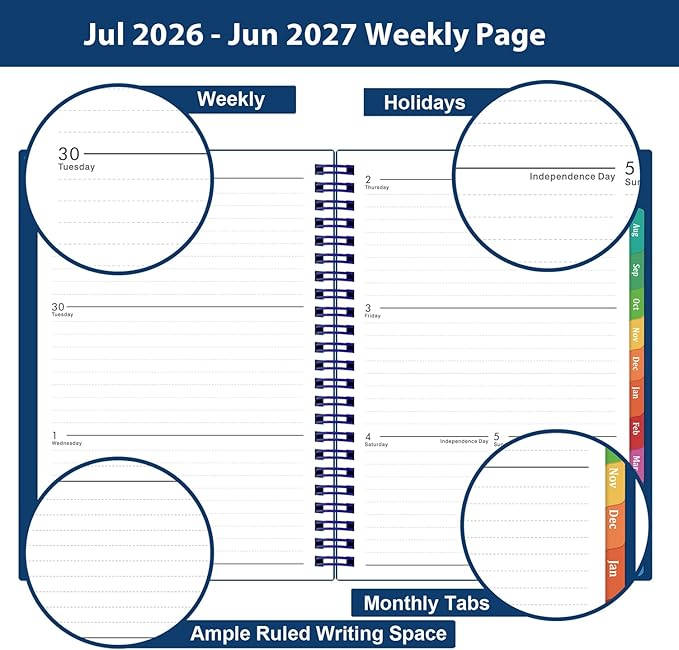 Planner 2026-2027 - 2026-2027 Planner Weekly and Monthly with Tabs, July 2026 - June 2027, 6.25" × 8.3", Strong Twin-Wire Binding