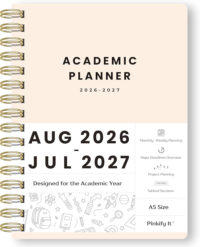 Academic Planner Aug 2026-Jul 2027, A5 Size, Student Planner with Monthly & Weekly Layout, Spiral Planner with Tabs, Class Schedule, Major Deadlines & Project Planning (Cream White)