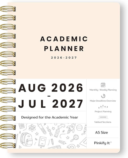 Academic Planner Aug 2026-Jul 2027, A5 Size, Student Planner with Monthly & Weekly Layout, Spiral Planner with Tabs, Class Schedule, Major Deadlines & Project Planning (Cream White)