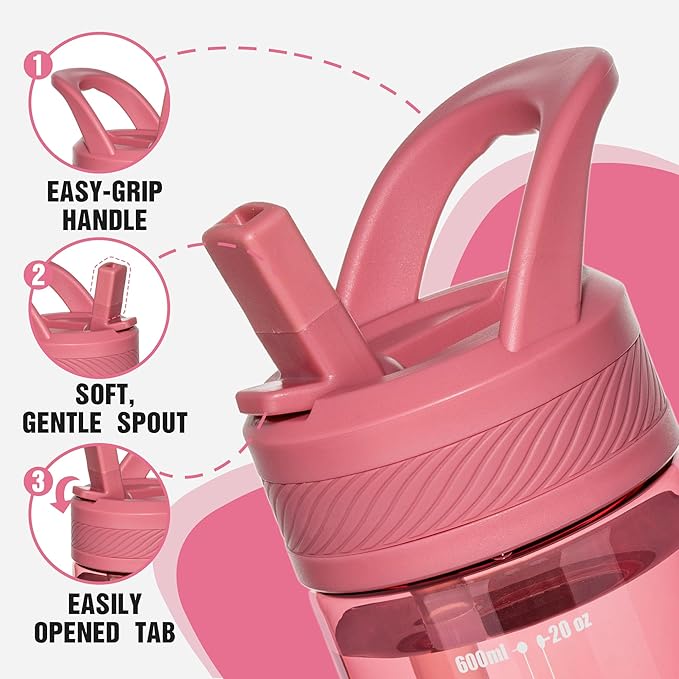 OLDLEY 20oz Kids Water Bottle with Straw, BPA-Free Tritan Water Bottle for School, Leakproof Clear Water Bottle with One Click Open, Measurement Scale, Cup Holder Friendly for Boys Girls,Red