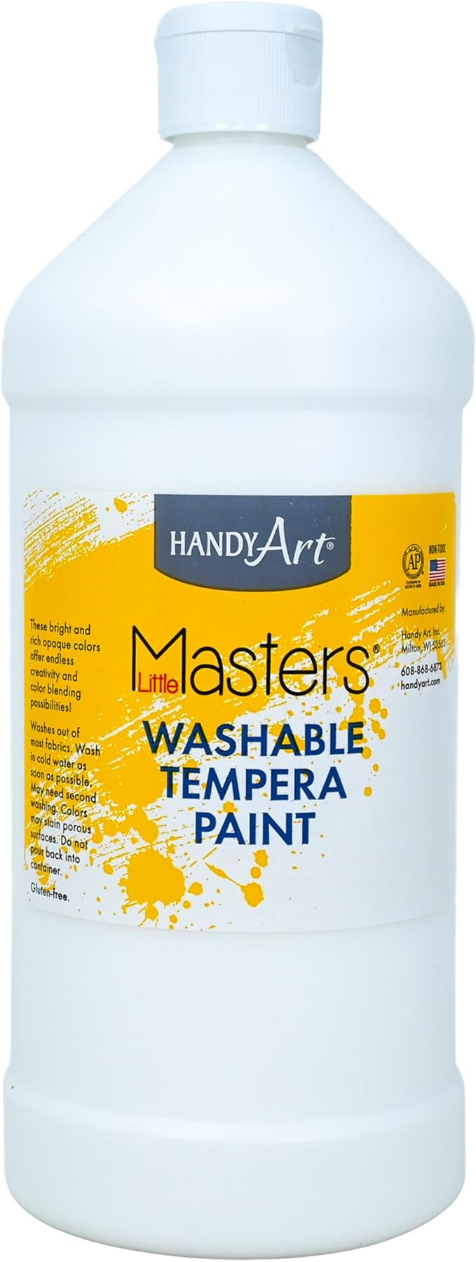 Handy Art Little Masters Washable Tempera Paint, White, 32 oz Bottle, Bright & Mixable, High Opacity, Washable Colors for Classroom, Students, Kids, Young Artists, Safe & Non-Toxic, Made in USA