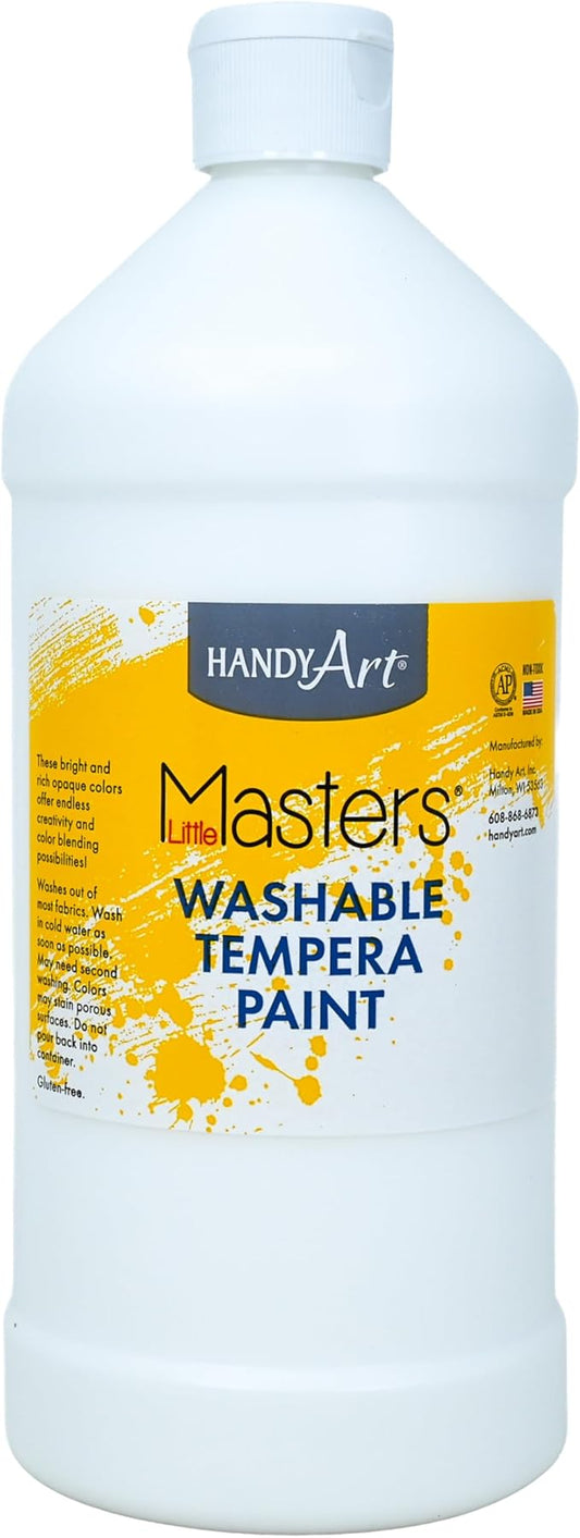 Handy Art Little Masters Washable Tempera Paint, White, 32 oz Bottle, Bright & Mixable, High Opacity, Washable Colors for Classroom, Students, Kids, Young Artists, Safe & Non-Toxic, Made in USA