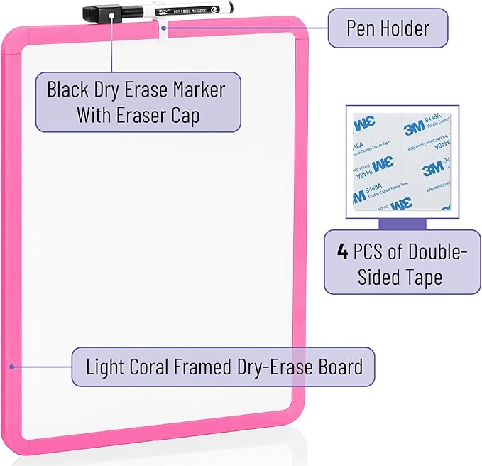 Mr. Pen- Dry Erase Board, 14” x 11” with a Black Dry Erase Marker, Light Coral Frame, Small Mini White Board for Students, Fridge, Wall, Locker, Includes Double Sided Tapes