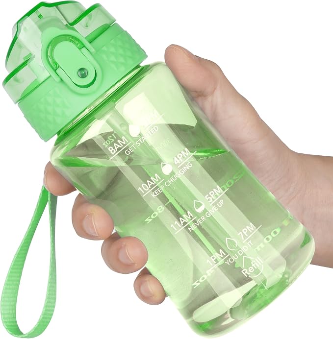 OLDLEY 12oz Kids Water Bottle, Tritan BPA-Free, Leakproof Flip Straw Lid, Motivational Time Marker, Carry Strap, Reusable Clear Water Bottle for Boys & Girls,Pear