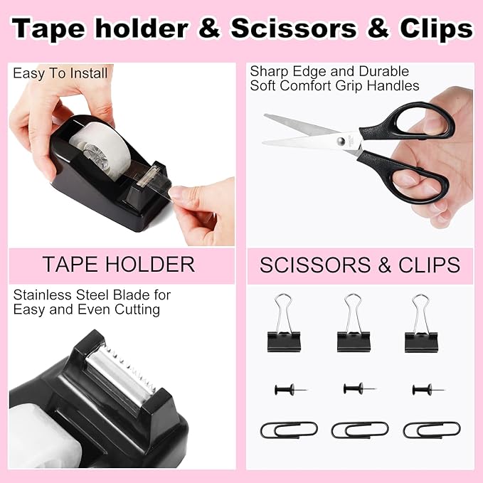 Gawsey Desk Organizers and Accessories Set with 360-Degree Rotating Pen Holder, Tape Dispenser, Stapler, Staple Remover, 1000 Staples, Tape, Clips Set, Ruler, Scissor, Pen (Black)