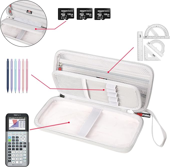 FBLFOBELI Hard Case for Texas Instruments TI-84 Plus CE/TI-84 Plus/TI-83 Plus/Casio fx-9750GIII Color Graphing Calculator, Mesh Pocket for Pens, Cables and Other Accessories (Case Only) (Gray)