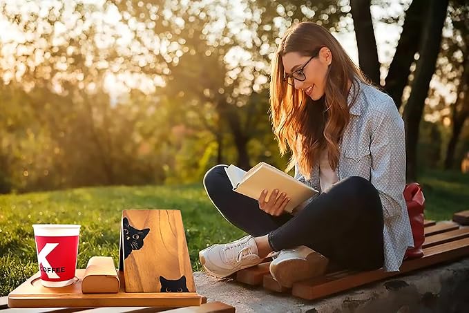 Wooden Book Stand, Triangle Book Holder, Small Bookshelf, Black Cat Book Rest with Cup Holder, for Reading or Desktop Decoration, Coffee and Book Lovers Father's Day Gifts for Dad & Husband