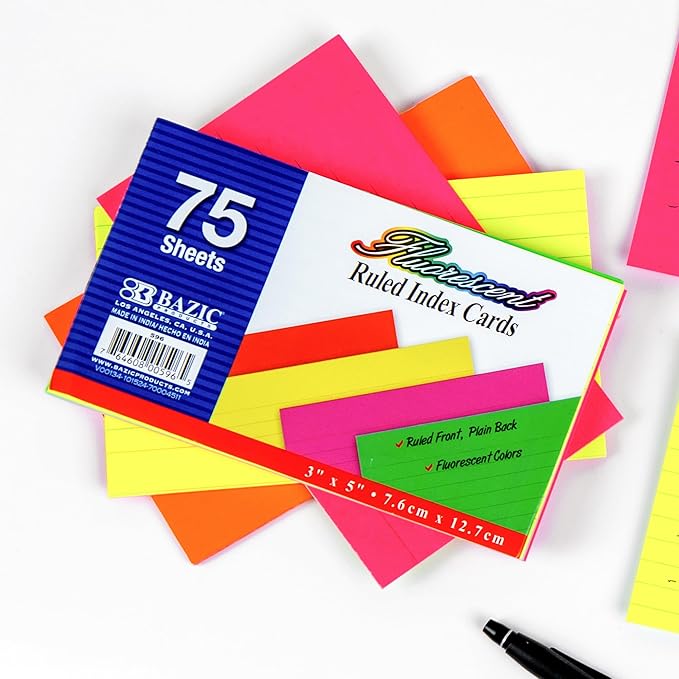 BAZIC 75 Count 3" X 5" Ruled Fluorescent Colored Index Card (596)