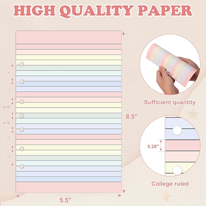 400 Sheets Colored Loose Leaf Paper 5.5" x 8.5" 7 Hole Lined Filler Paper College Ruled Notebook Refill Pad Pastel Colored Lined Refills Hole Punched Notebook Refills for 3 or 7 Ring Binders