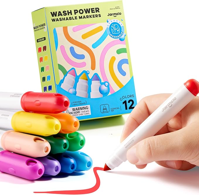 Jar Melo Washable Markers for Kids Toddlers 2-4, Safe Non-Toxic Water Based Markers for Age 1-3 4-8, Coloring Art Supplies for Preschool Gift, 12 Colors