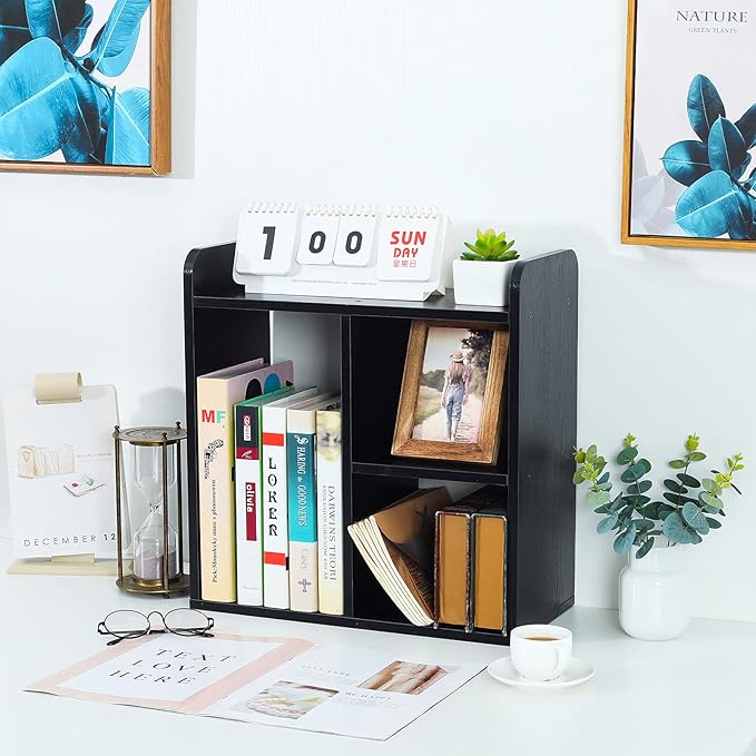 PAG Desktop Shelf Freestanding Wood Small Bookshelf Desk Supplies Organizers and Accessories Storage Display Rack Office Decor for Women, Black